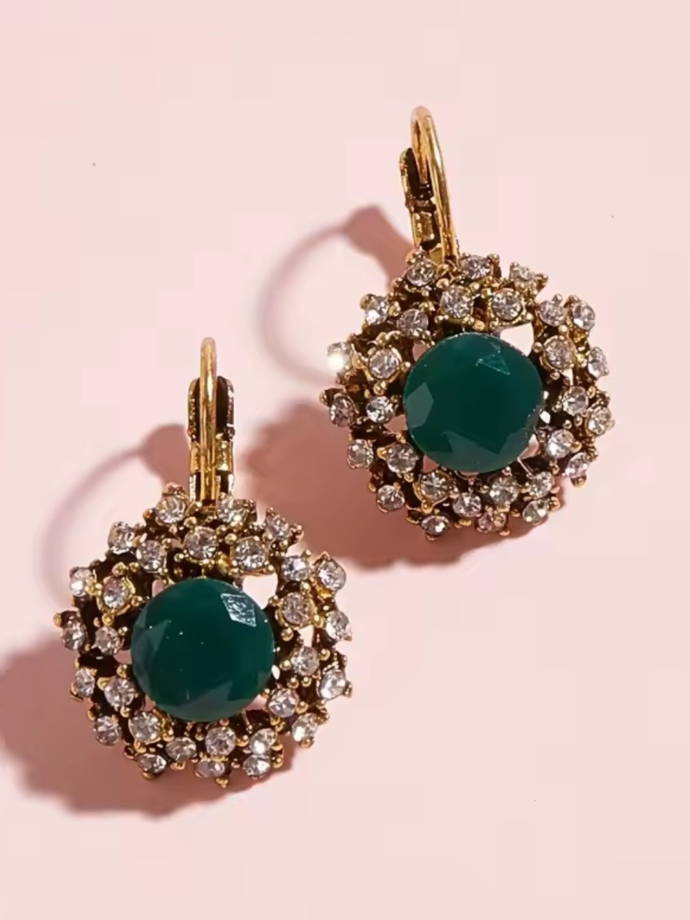 Gold-Tone Green Crystal Halo Drop Earrings